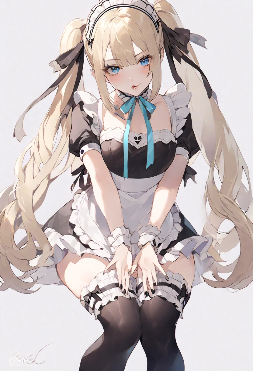 Marie rose, maid uniform, headdress, black stockings, mansion, ThiccWithaQ art style, Marie rose, cute, lewd, sexy, blowing kiss, fetallio gesture, horny, lustful, big ass, big hips, blue eyes, blone hair, pigtails, cute face, expressive face, sweet, She has fair skin, light blonde, bottom-length hair that's held up in twin-pigtails, She appears very young, Gothic Lolita Fashion, strapless maid dress, with arm sleeves. platform heeled shoes, black nail polish, Gothic arm accessories, and frequent use of the colors black and white are recurring elements in her additional outfits. Her ribbons are also always black, with the choice of pointed or tied ribbons,