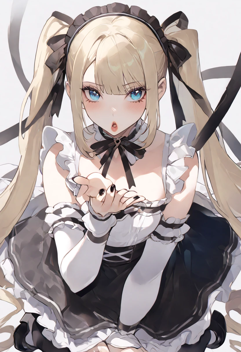 Marie rose, maid uniform, headdress, black stockings, mansion, ThiccWithaQ art style, Marie rose, cute, lewd, sexy, blowing kiss, fetallio gesture, horny, lustful, big ass, big hips, blue eyes, blone hair, pigtails, cute face, expressive face, sweet, She has fair skin, light blonde, bottom-length hair that's held up in twin-pigtails, She appears very young, Gothic Lolita Fashion, strapless maid dress, with arm sleeves. platform heeled shoes, black nail polish, Gothic arm accessories, and frequent use of the colors black and white are recurring elements in her additional outfits. Her ribbons are also always black, with the choice of pointed or tied ribbons,