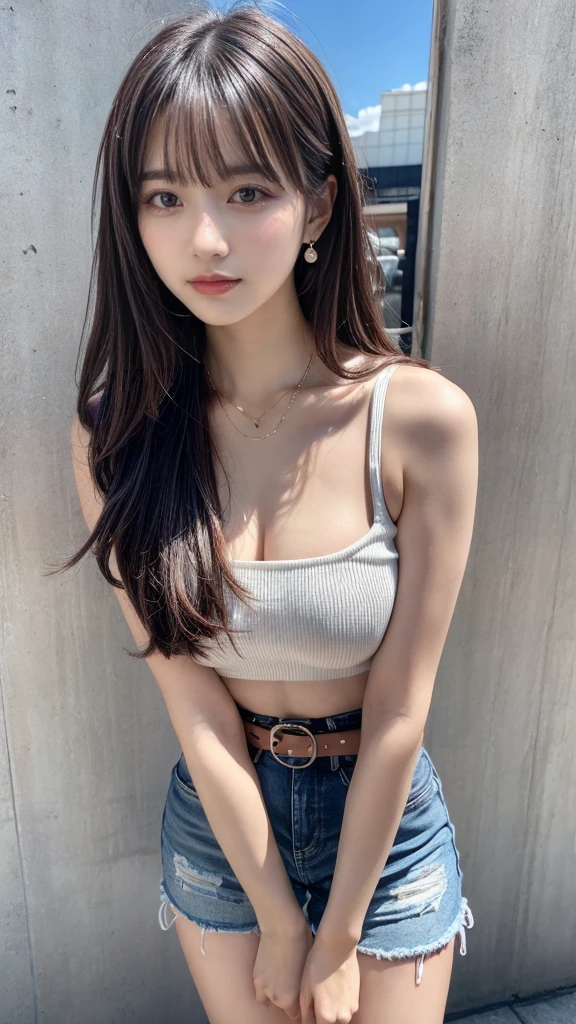 masterpiece, best quality, illustration, Super detailed, fine details, High resolution, 8K,wall paper, perfect dynamic composition, full body photo, leaning forward, crossed arms, (Details High quality, realistic depiction of eyes:1.3), 20 year old girl, Gravure Idol, cute type, large breasts, straight hair, black hair color, Korean style makeup, Big Natural Color Lip, perfect body shape, plump figure, White crop top that goes all the way down to the neck, denim short pants, Leather belt, necklace, earrings