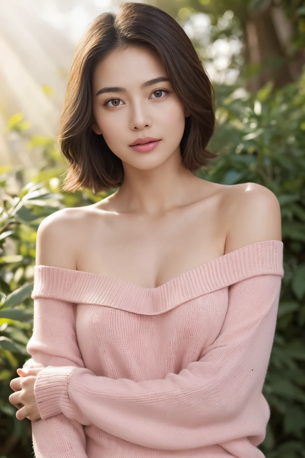Create a (( mid-shot )) photorealistic image of a beautiful Asian woman with fair, smooth, flawless skin. She has large, round, sparkling eyes with naturally long and curled eyelashes, and well-defined, dark eyebrows. Her nose is straight and high, and her naturally pink, soft lips form a gentle smile. She has short, slightly curled brown hair that highlights her delicate facial features. Her face is oval-shaped, with a wide and high forehead, moderately high cheekbones, and a pointed, slender chin. (( waist to top)) ((,She is wearing a soft pink sweater relaxed neckline that casually ((drapes off one shoulder)), exposing slender shoulders with black bra trap, highlighted by the rays of light creating a radiant effect on her skin. , mid-shot , light rays, warm atmosphere ,))
