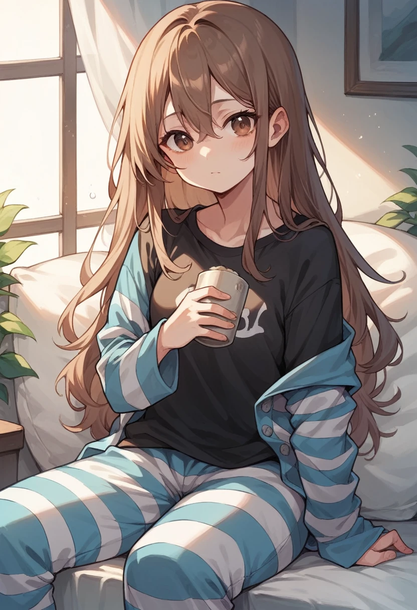 girl long hair brown eyes striped pajamas with blue and black shirt