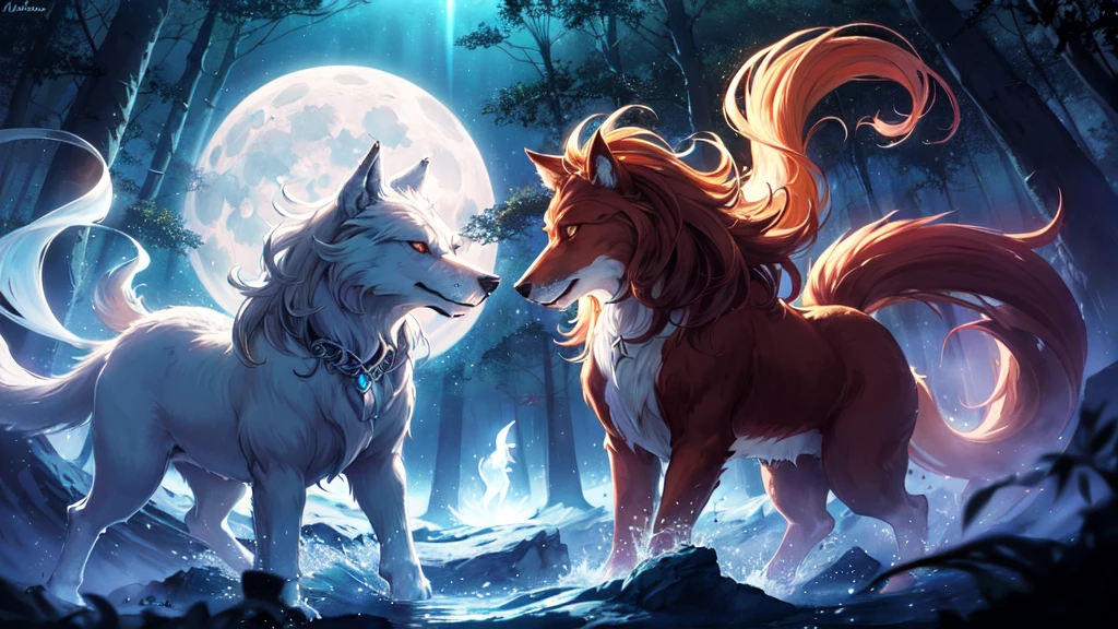 1 Big Wolf, mythical creature, nine tails, (glowing eyes:0.9), red fur, elegant posture, (spiritual aura:1.2), flowing mane, (floating in the air:1.3), mysterious, (wisdom:1.1), seductive, (enchanted forest background:1.4), moonlit night, magical, ancient, (ethereal glow:1.2), (translucent tails:1.1), mythical powers, (misty atmosphere:0.8), divine, (celestial beings:1.3), (fierce protector:1.2), alluring, (fading into shadows:0.9).