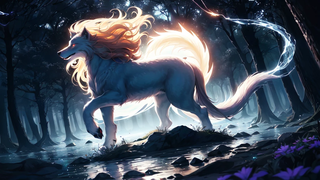 1 Big Wolf, mythical creature, nine tails, (glowing eyes:0.9), red fur, elegant posture, (spiritual aura:1.2), flowing mane, (floating in the air:1.3), mysterious, (wisdom:1.1), seductive, (enchanted forest background:1.4), moonlit night, magical, ancient, (ethereal glow:1.2), (translucent tails:1.1), mythical powers, (misty atmosphere:0.8), divine, (celestial beings:1.3), (fierce protector:1.2), alluring, (fading into shadows:0.9).