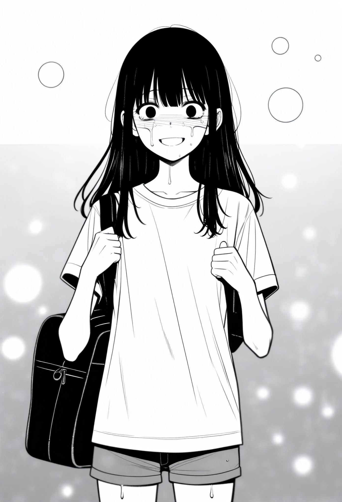 masterpiece, best quality, 1girl, mamerakkkkko, grayscale, manga style, japanese, chi no wadachi, black eyes, street, iced, black hair, schoolbag, smile, lineart, white background, white shirt, grey shorts, centered, 18 years old, tall, fair skinned, bokeh background, crying, tears, straight-on, tears streaming