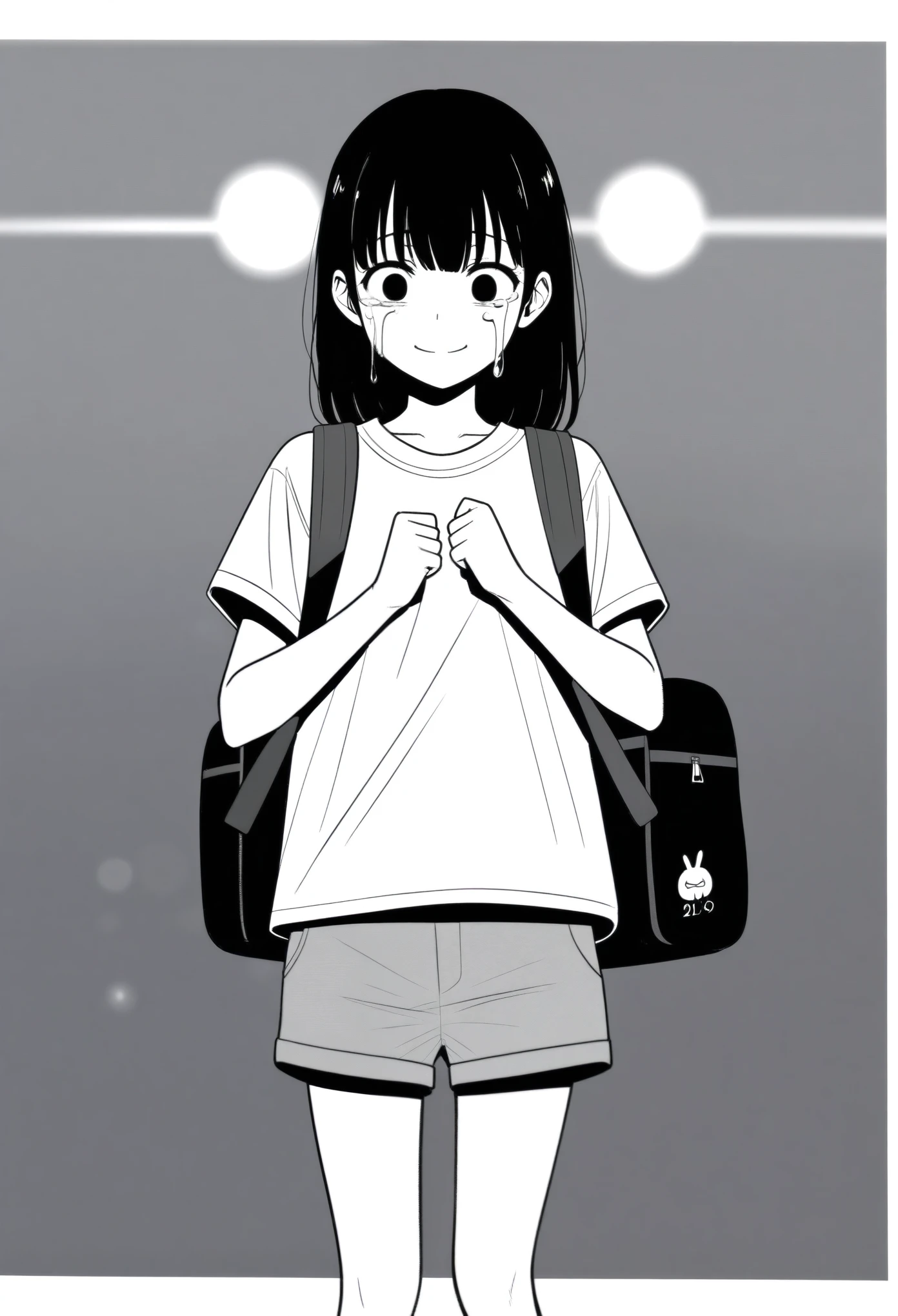 masterpiece, best quality, 1girl, mamerakkkkko, grayscale, manga style, japanese, chi no wadachi, black eyes, street, iced, black hair, schoolbag, smile, lineart, white background, white shirt, grey shorts, centered, 18 years old, tall, fair skinned, bokeh background, crying, tears, straight-on, tears streaming
