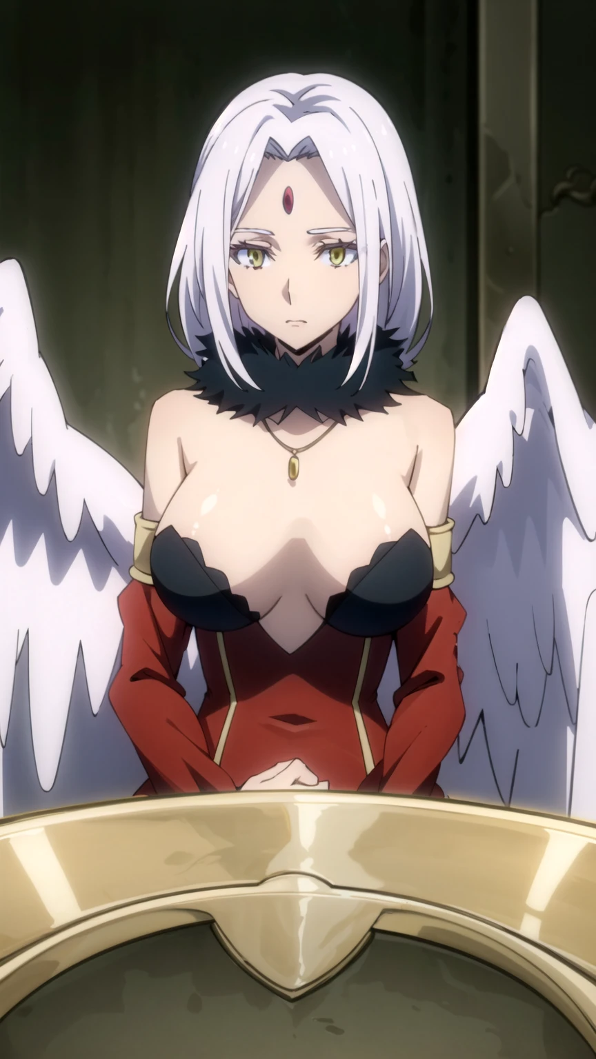 high body, high, Long legs, เป็นadult female, เป็นadult, adult, Of_Tensura_Frey, 1 girl, chest, alone, wing, yellow eyes, feathered wing, large chest, Monster Girl, bare shoulders, white wing, upper body, white hair, Harpie, anime coloring, rift, feather, necklace, gag, smooth, forehead gem, parted smooth, แขนมีwing, fur collar