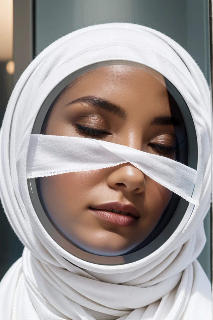 A reflection in a round mirror of a woman with a white scarf that covers only her eyes, the white cloth is not tight