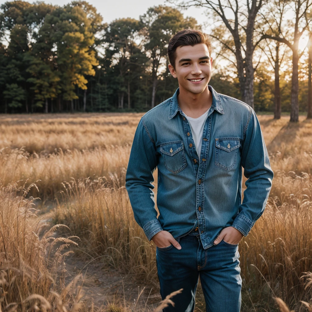 ((ultra detailed, masterpiece, best quality))
MafiaLincoln, 1boy, solo, buzz cut, brown eyes, muscular, Amidst a field of tall grass, rugged jeans and a flannel shirt, golden hour sunlight casting a warm glow, hands casually in pockets with a carefree smile