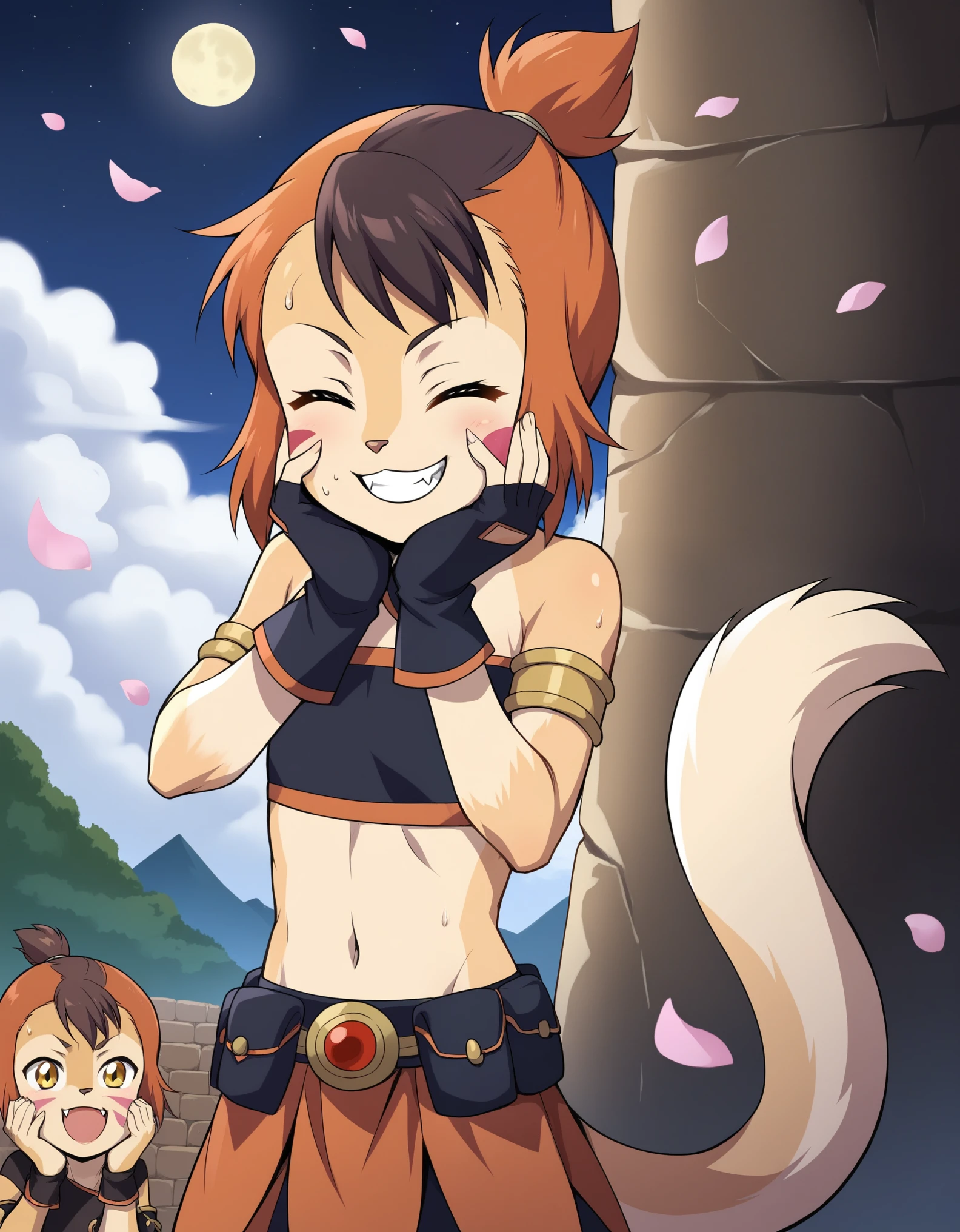 wilykit, 1girl, solo, instrument, upper body, brown hair, two-tone hair, multicolored hair, armlet, brown eyes, holding, ponytail, yellow eyes, topknot, smile, bare shoulders, short hair, raglan sleeves, :0, red hair, parody, style parody, grin, bandaid, tail, paw pose, belt, black hair, short sleeves, orange hair, dress, boy, midriff, barefoot, personification, simple background, standing, navel, animal ears, closed eyes, toeless legwear, playing instrument, own hands together, own hands clasped, looking at viewer, facial mark, short ponytail, flat chest, white background, male focus, sky, day, cloud, open mouth, solo focus, crop top, petals, music, hands on own face, hands on own cheeks, building, rope, tree, arms behind back, gloves, fingerless gloves, crossed arms, closed mouth, boots, fang, skirt, sitting, nipples, english text, blush, sweat, furry female, fangs, furry, pussy, indian style, shield, hand on hip, food, meat, pointing, food on face, tube top, strapless, clenched hands, cave, dark, from behind, :o, nature, pouch, moon, night, kiss