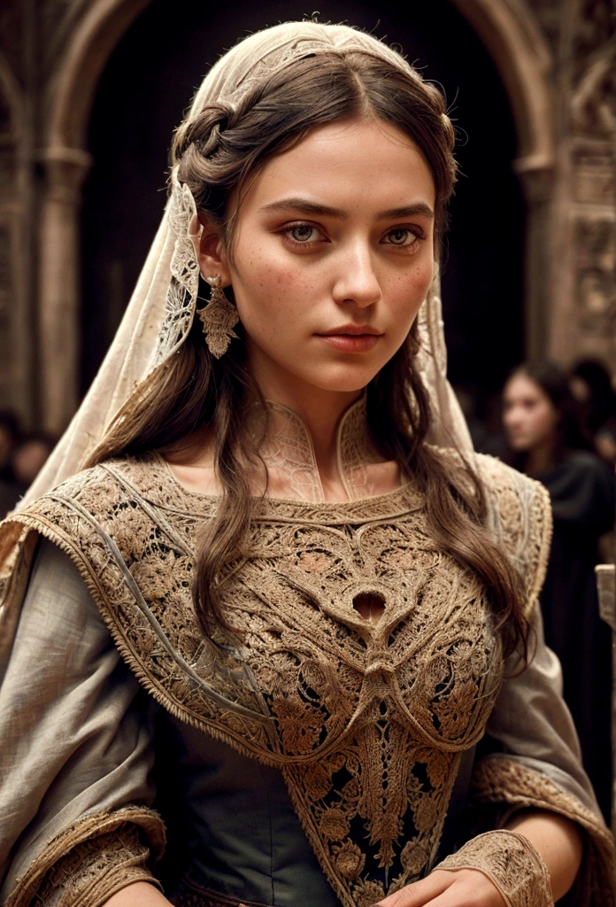 Cinematic portrait, ((upper body)), facing the audience, (Reality :1.3), the world's most beautiful artwork photo, a woman looking into the camera, European medieval court dress, gorgeous, soft gauze, detailed beautiful face, action shooting, (intricate :1.4), medieval court background, Photo realistic, CG, art station