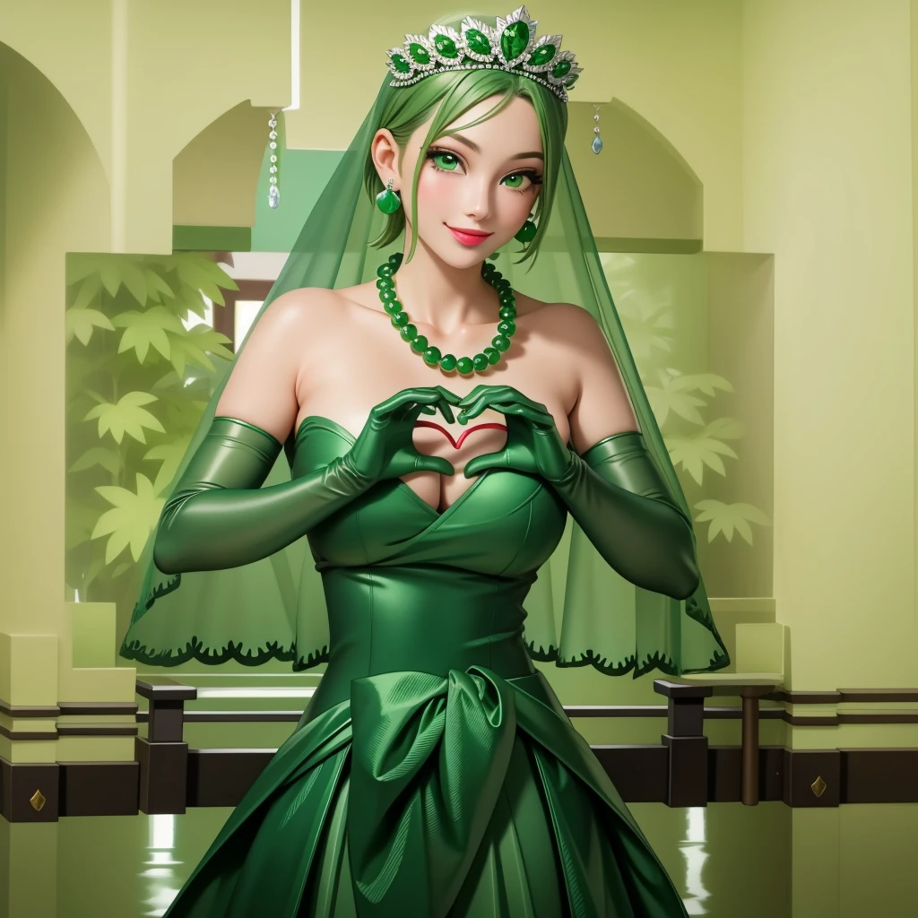 Emerald tiara, Green Pearl Necklace, ボーイッシュな非常に短いGreen Hair, Green Lips, Smiling Japanese woman, Very short hair, Busty beautiful lady, Green Eyes, Green satin long gloves, Green Eyes, Emerald Earrings, Green veil, Heart with both hands, Green Hair, Beautiful Japanese Woman, Heart shaped hands:1.3, green lip gloss