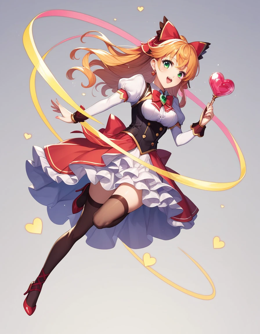 extremely detailed 8K CG, ultra-detailed:1.3, ultra delicate and detailed face:1.3, (absurdres, texture, masterpiece), pixiv contest winner, by Posuka Demizu, right image, full body, dynamic manga-style illustration of The world is full of pop, kitsch, and cuteness, with a yellow and blue-green color scheme, and an anime-style magical girl blowing a kiss to the left side with a cute expression.She wears a heart-patterned balloon skirt and a glass She's wearing stiletto heels.
