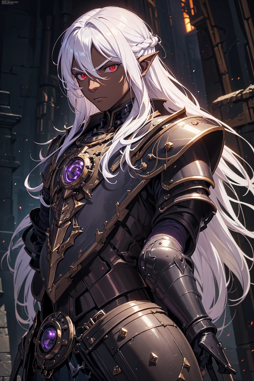 masterpiece, best quality, ultra high res, dark theme, 1boy, male, (dungeonpunk armor), (mechanical steampunk armor), (wearing armor), fantasy illustration, dark skinned, human, upper body, portrait, red eyes, long white hair, half-drow, pointy ears, serious face, young man, dramatic lighting, purple hue, art by Kinema Citrus