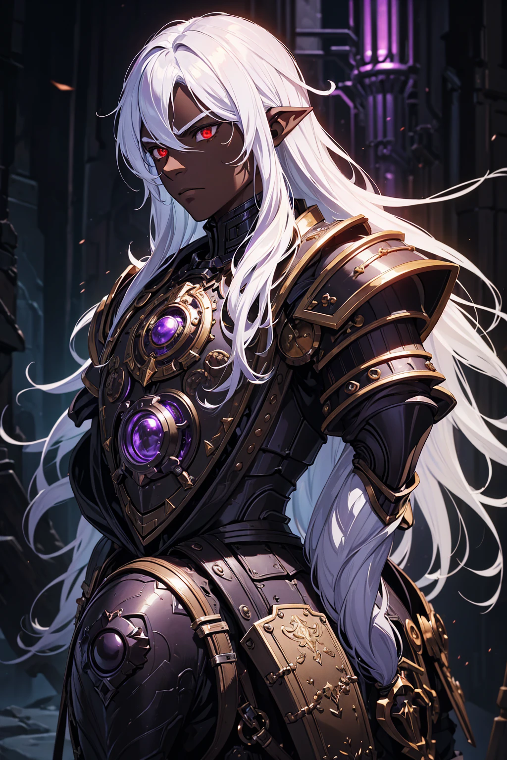 masterpiece, best quality, ultra high res, dark theme, 1boy, male, (dungeonpunk armor), (mechanical steampunk armor), (wearing armor), fantasy illustration, dark skinned, human, upper body, portrait, red eyes, long white hair, half-drow, pointy ears, serious face, young man, dramatic lighting, purple hue, art by Kinema Citrus