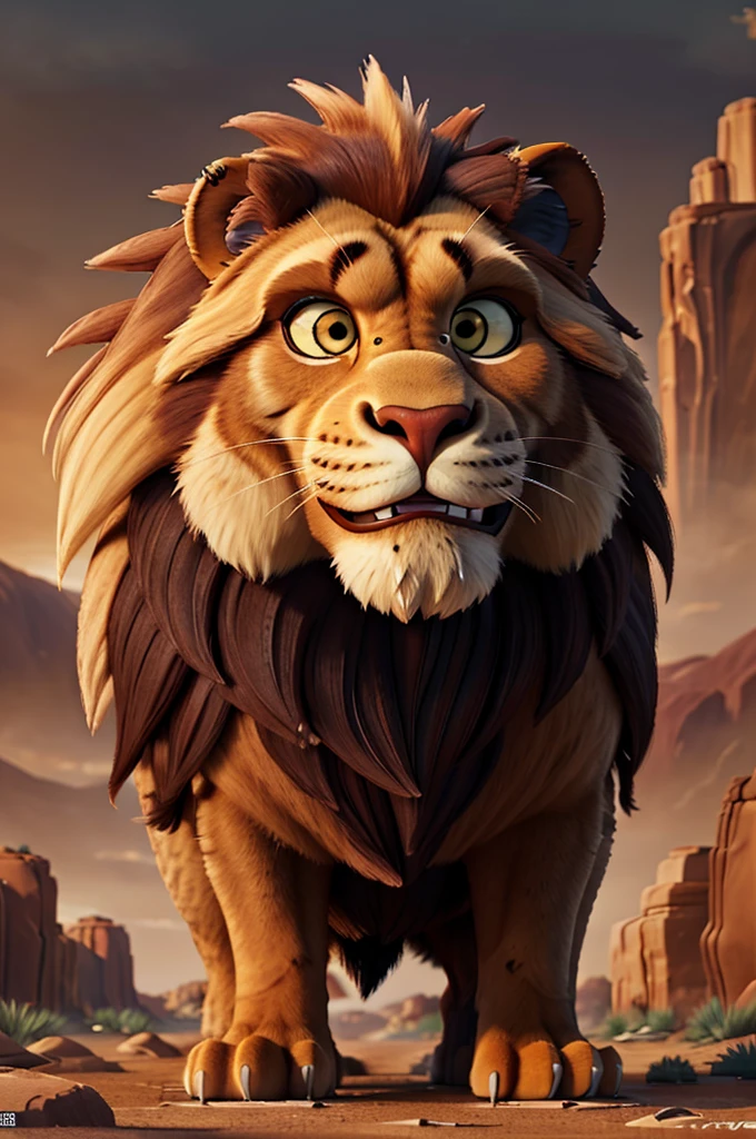 a massive, muscular barbarian lion, incredibly detailed and realistic, majestic, powerful, fierce, wild, glowing eyes, sharp teeth, flowing mane, textured fur, standing tall, in a desert landscape, dramatic lighting, dramatic shadows, hyper-detailed, 8k, photorealistic, cinematic composition, award-winning digital art