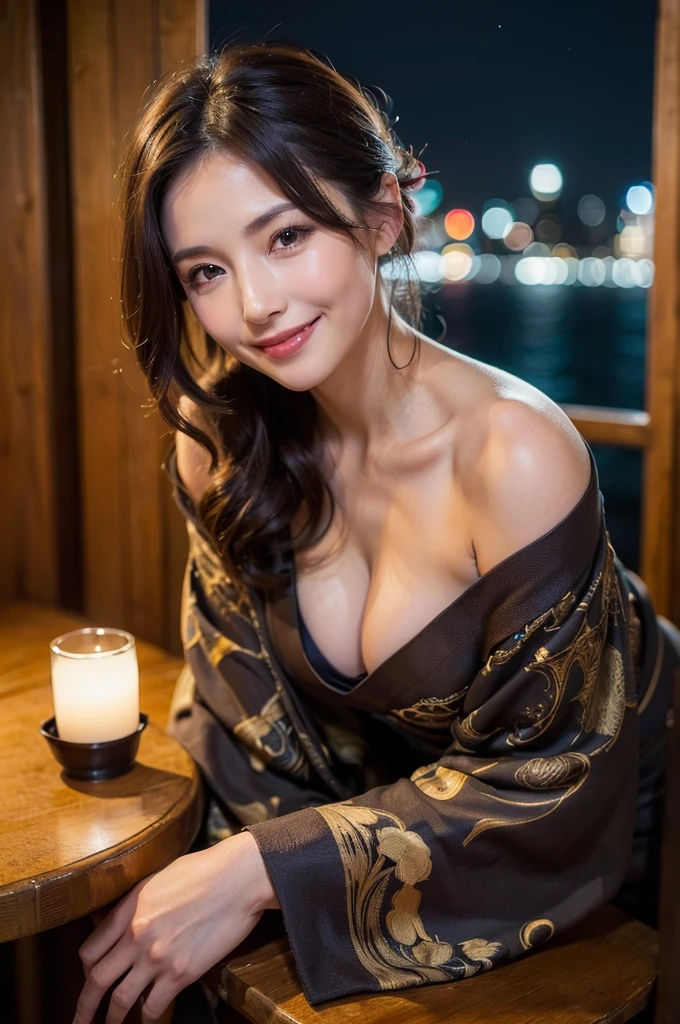 ((Night, Real Light, Top Quality, 8k, Masterpiece: 1.3)), 35 years old woman, Beautiful woman, Slender figure: 1.4, (dark brown hair), (Off Shoulder), (Kimono)), ((cleavage)), ((beautiful kimono)), (night), very detailed face and skin texture, (sitting), (((smiling))),(((leaning forward))