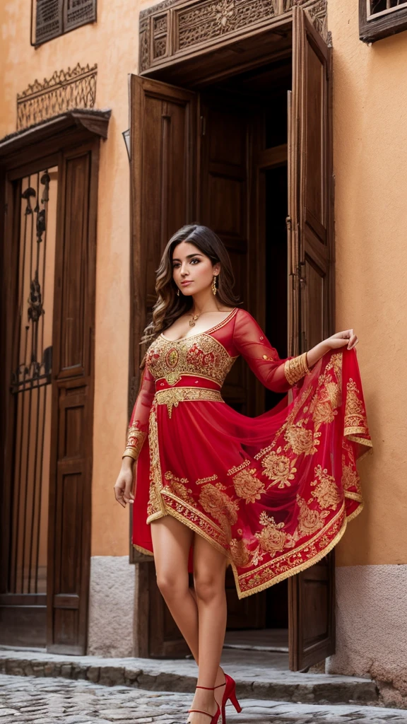 Spanish beautiful woman ,20 years old, in short transparent traditional clothes, red golden intricate ornaments, in a spanish oldtown,full body,8k ,upskirt, unbuttoned, erotic ,subjects
