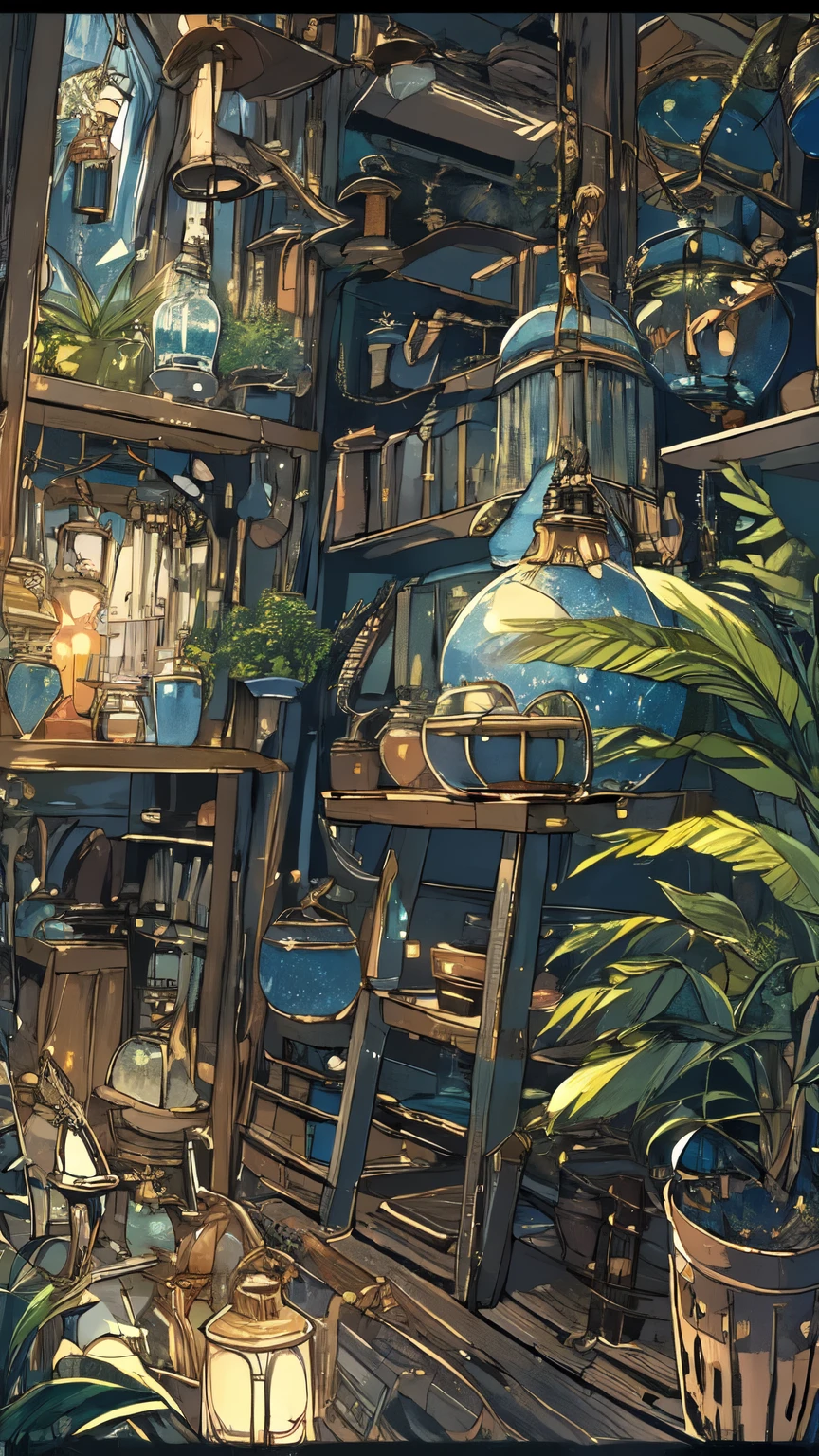 (masterpiece:1.2), best quality,Pixif, Night view, landscape, No humans, window, plant, potted plant, indoors, shelf, Wooden floor, lanthanum, lamp, Book, Bookshelf, Vague, table, bottle, Book写界限的深度, Chair, cup, fantasy, bucket, ladder、bell、柱bell、鳩bell、bell付きの帽子、