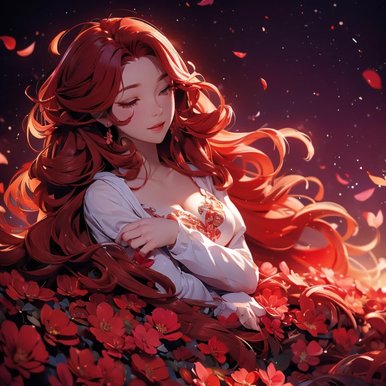 a woman with long, curly red hair wearing a long, flowing flaming red dress with a high neckline and long sleeves, lying on a bed of flowers, standing against a dark background with a flaming glow. Her lips are slightly parted, as if she is lost in thought. She is lying on her back with her arms behind her head, looking up at the sky. The flowers around her are in full bloom, with petals in various shades of pink and purple. The background is a field of flowers with a few trees in the distance.The overall effect is one of mystery.