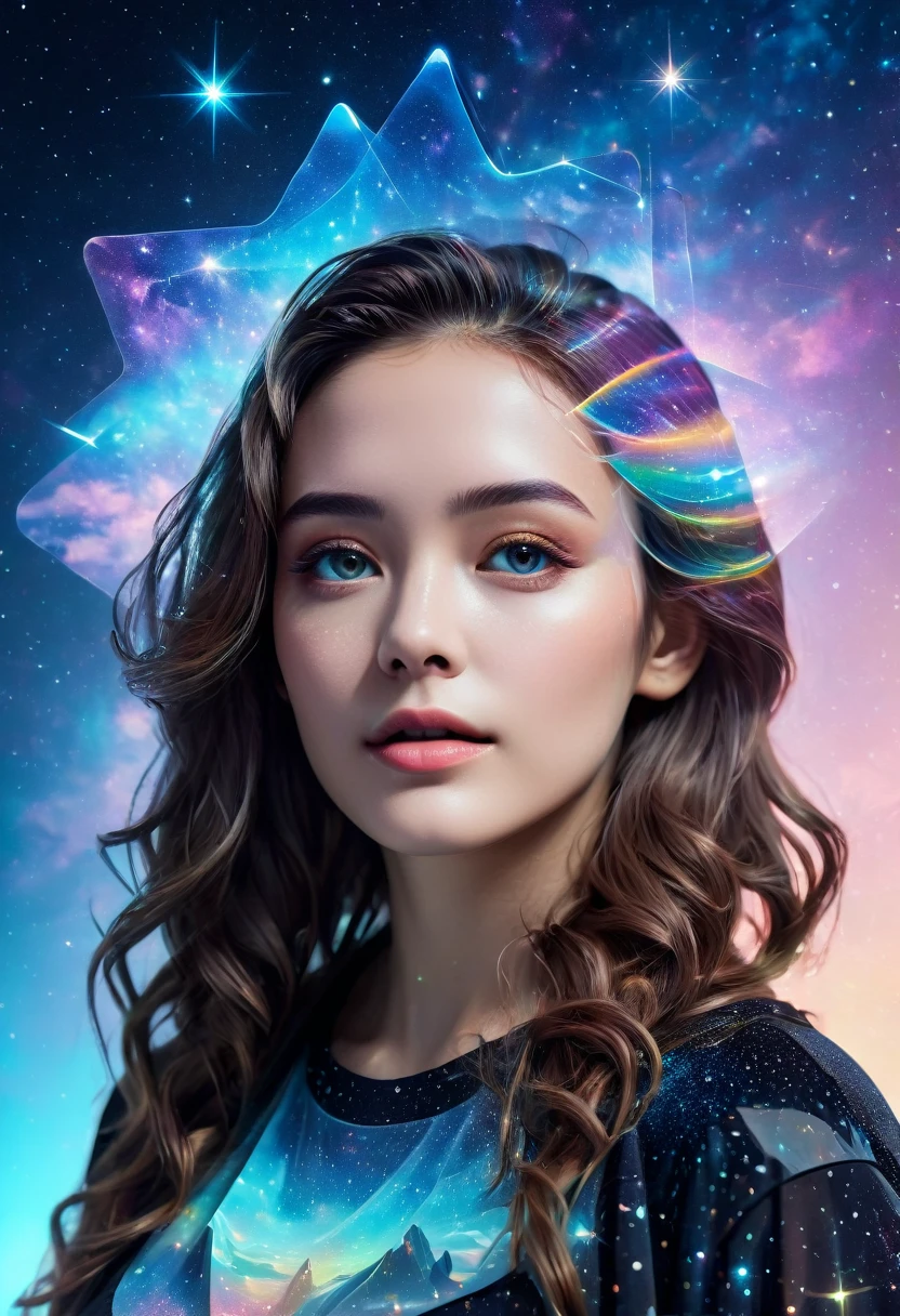 （Multiple Exposure：1.8），Dubrec style，Girl virtual holographic digital avatar，Futuristic magnificent starry sky image foreground，Psychedelic Starry Sky，In space，Superrealisticart风格的复杂插图，surreal dreamscape，Becoming an invisible virtual hologram，Transparent character portrait，Virtual holographic digital image，Superrealisticart, 4K Hyperrealism, Surreal Portraits, 美丽的Surreal Portraits, of surrealist digital art, Surrealism and Fantasy Art, of surrealist digital art, Surreal Portraits, Superrealisticart, Emotional Surreal Art, Fantasy surrealism, 8K Hyperrealism, Surrealist Concept Art