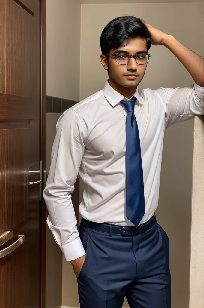 21 year old indian boy With fair skin Wearing spectacles and narrow body Posing for a linkedin picture in formals