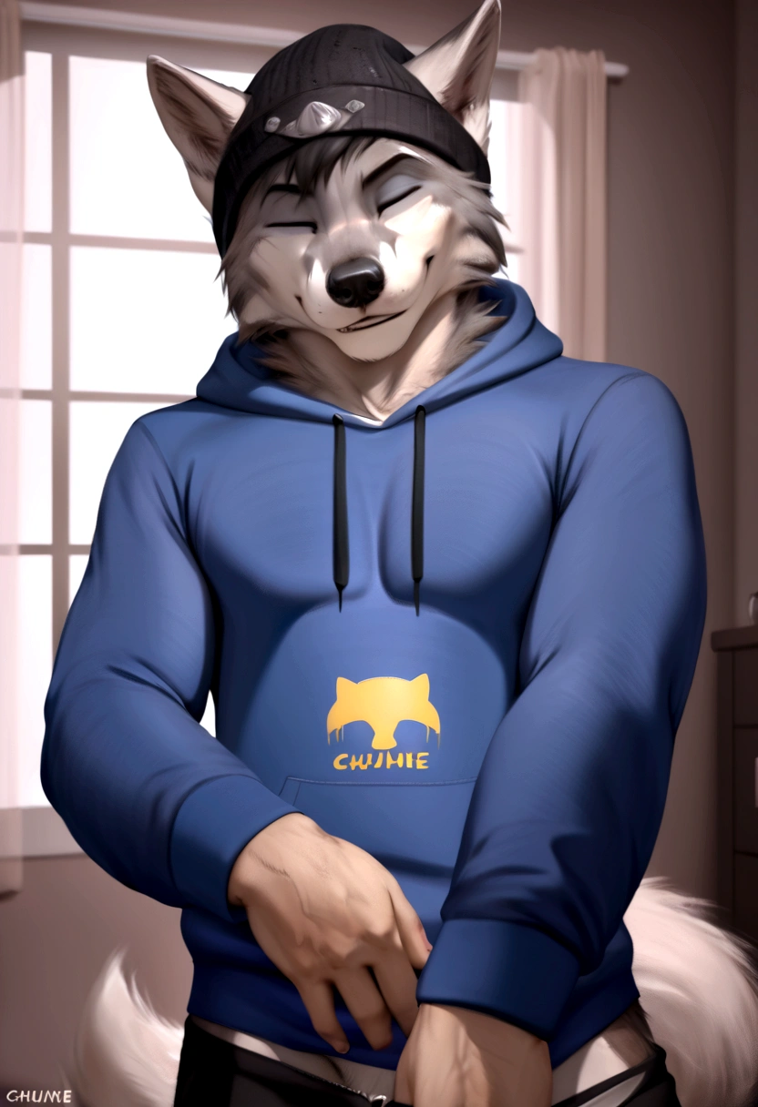 4k, high resolution, best quality, perfect colors, perfect shadows, perfect lighting, posted on e621, furry body, solo, medium full shot, anthro gray wolf, gray and white fur, sleep deprived, irritated eyes, wearing a t shirt with a death metal band logo, wearing a black open zipped down hoodie with the hood down, (anatomically correct wolf tail, detailed fingers, male, (middle-aged, mature:1.2), (skinny, average body), correct anatomy, (photorealistic fur, detailed fur, epic, masterpiece:1.2), (big modern background), (by Taran Fiddler, by Chunie, by Rukis, Bonifasko lighting), (standing), detailed blue eyes, smiling half-heartedly at the viewer, the hoodie is zipped down and showing the t shirt, the hood on the hoodie is down, t shirt is visible, head is fully visible, wearing a black beanie, he is not wearing the hood, the shirt can be seen under the hoodie