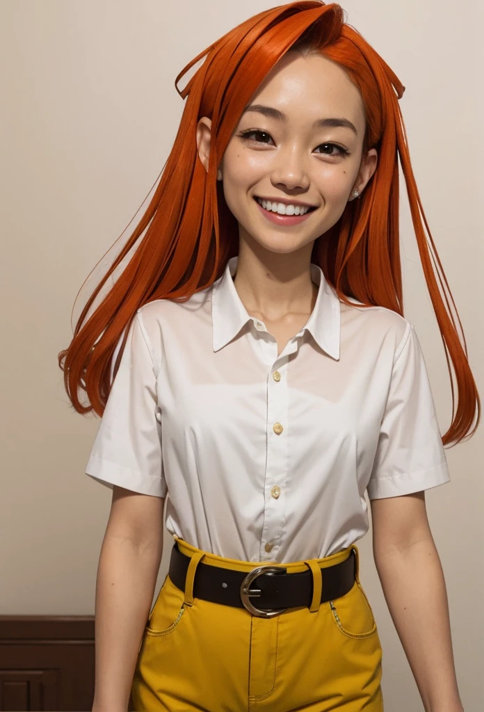 1girl, solo,smile,orange hair,long hair,black eyes,white shirt,belt yellow pants,looking at viewer