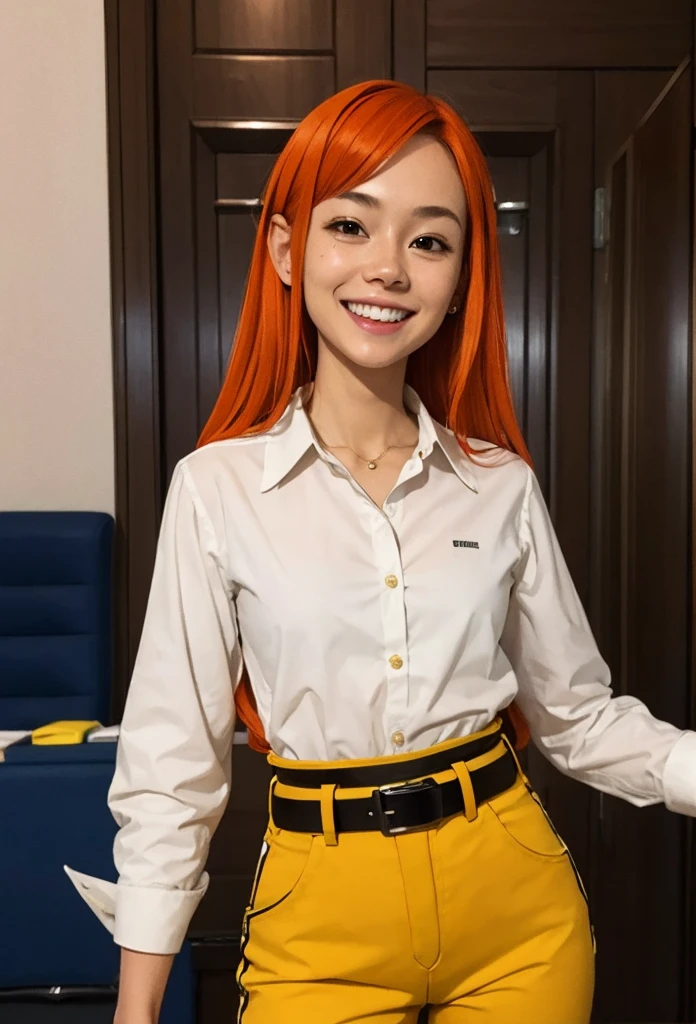 1girl, solo,smile,orange hair,long hair,black eyes,white shirt,belt yellow pants,looking at viewer