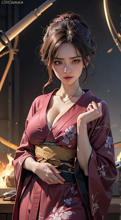 (Dramatic digital artwork:1.3) inside,(Full of energy:1.3) Portrait of a Woman(((Full and soft breasts,)))(((Huge breasts))) (((Cleavage))) (Snezhana Sakowicz 2:1.1) Wearing a Kimono, Style-Sylvamagic, Fashion Girl,CG Society,Art Station
