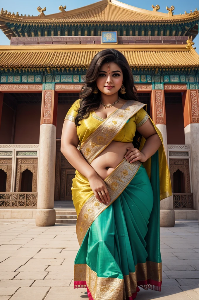 1 Heavenly beautiful and goddess beauty cute and sweet looking face Arabian female in front of Forbidden City, China, Heavenly beautiful Overweight, Heavenly beautiful Extremely fat, Heavenly beautiful and attractive Chubby figure , Heavenly beautiful looking and eye catching luxury style Kancheepuram Saree , reaching out, Heavenly beautiful Arabian woman, 16k, High resolution, masterpiece, highest quality, fine skin, outside view, Realistic Photograph