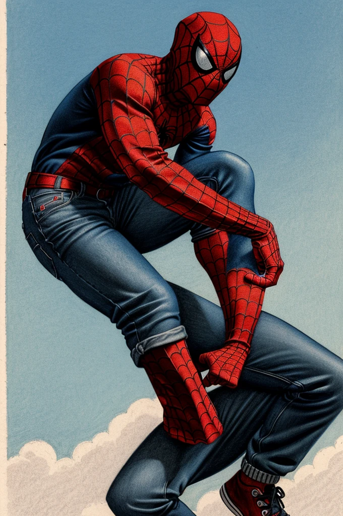 Vintage drawing of Spider-man wearing his red mask, an oversized navy blue crewneck sweater, oversized sky blue jeans and black converse sneakers, HD, comic style, portrait 