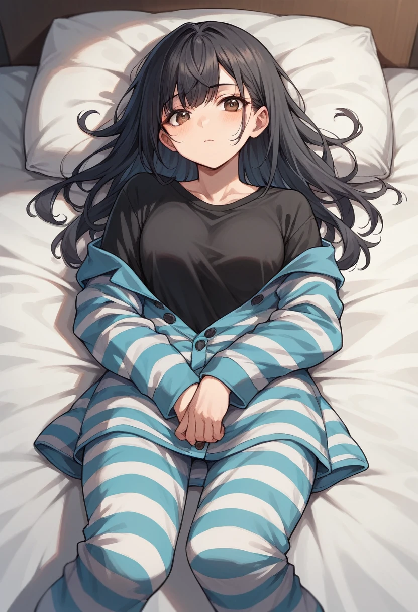 girl long black hair brown eyes striped pajamas with blue and black shirt