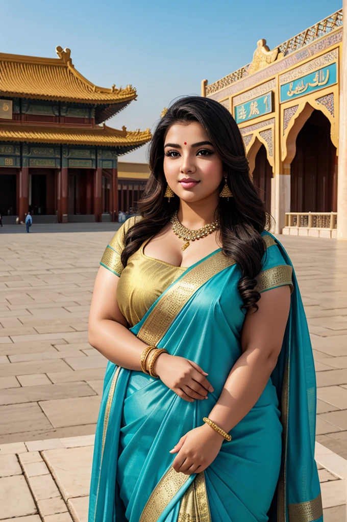 1 Heavenly beautiful and goddess beauty cute and sweet looking face Arabian female in front of Forbidden City, China, Heavenly beautiful Overweight, Heavenly beautiful Extremely fat, Heavenly beautiful and attractive Chubby figure , Heavenly beautiful looking and eye catching luxury style Kancheepuram Saree , reaching out, Heavenly beautiful Arabian woman, 16k, High resolution, masterpiece, highest quality, fine skin, outside view, Realistic Photograph