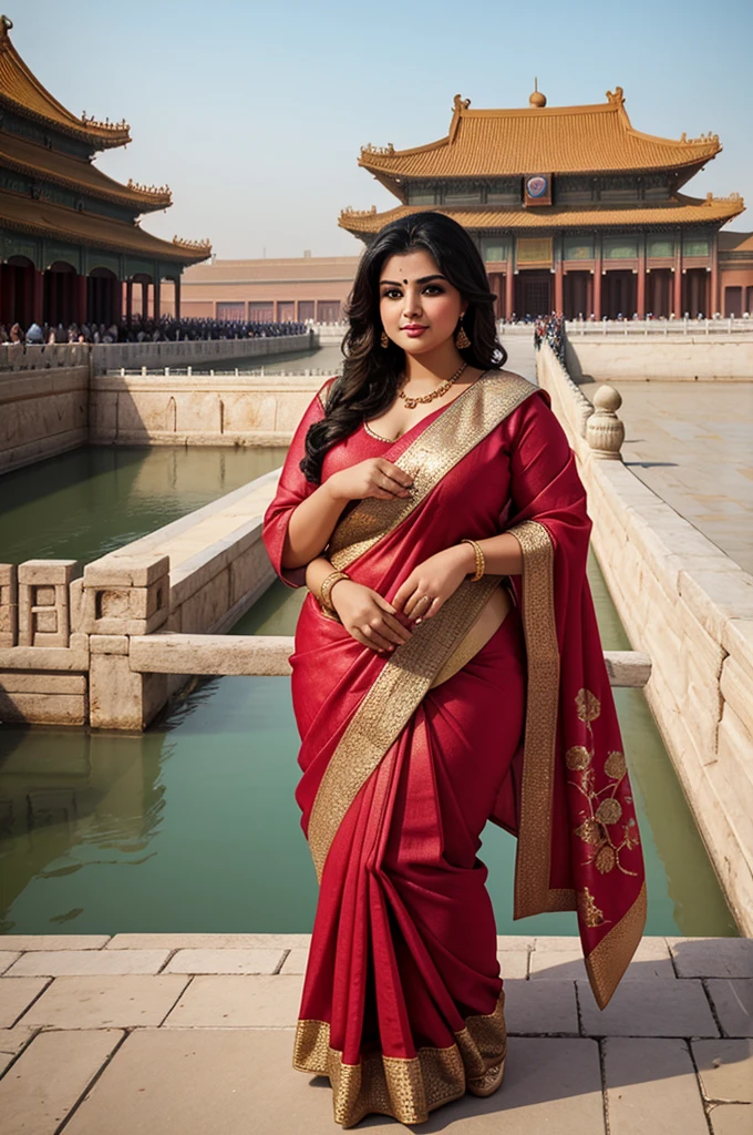 1 Heavenly beautiful and goddess beauty cute and sweet looking face Arabian female in front of Forbidden City, China, Heavenly beautiful Overweight, Heavenly beautiful Extremely fat, Heavenly beautiful and attractive Chubby figure , Heavenly beautiful looking and eye catching luxury style Kancheepuram Saree , reaching out, Heavenly beautiful Arabian woman, 16k, High resolution, masterpiece, highest quality, fine skin, outside view, Realistic Photograph