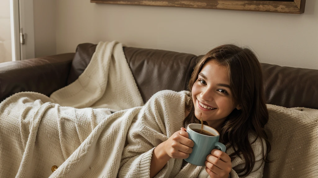 Cheerful smiling young woman drinking coffee while sitting under blanket on the couch at home. Cozy autumn winter atmosphere