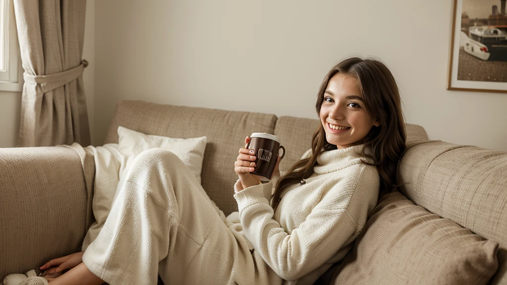 Cheerful smiling young woman drinking coffee while sitting under blanket on the couch at home. Cozy autumn winter atmosphere
