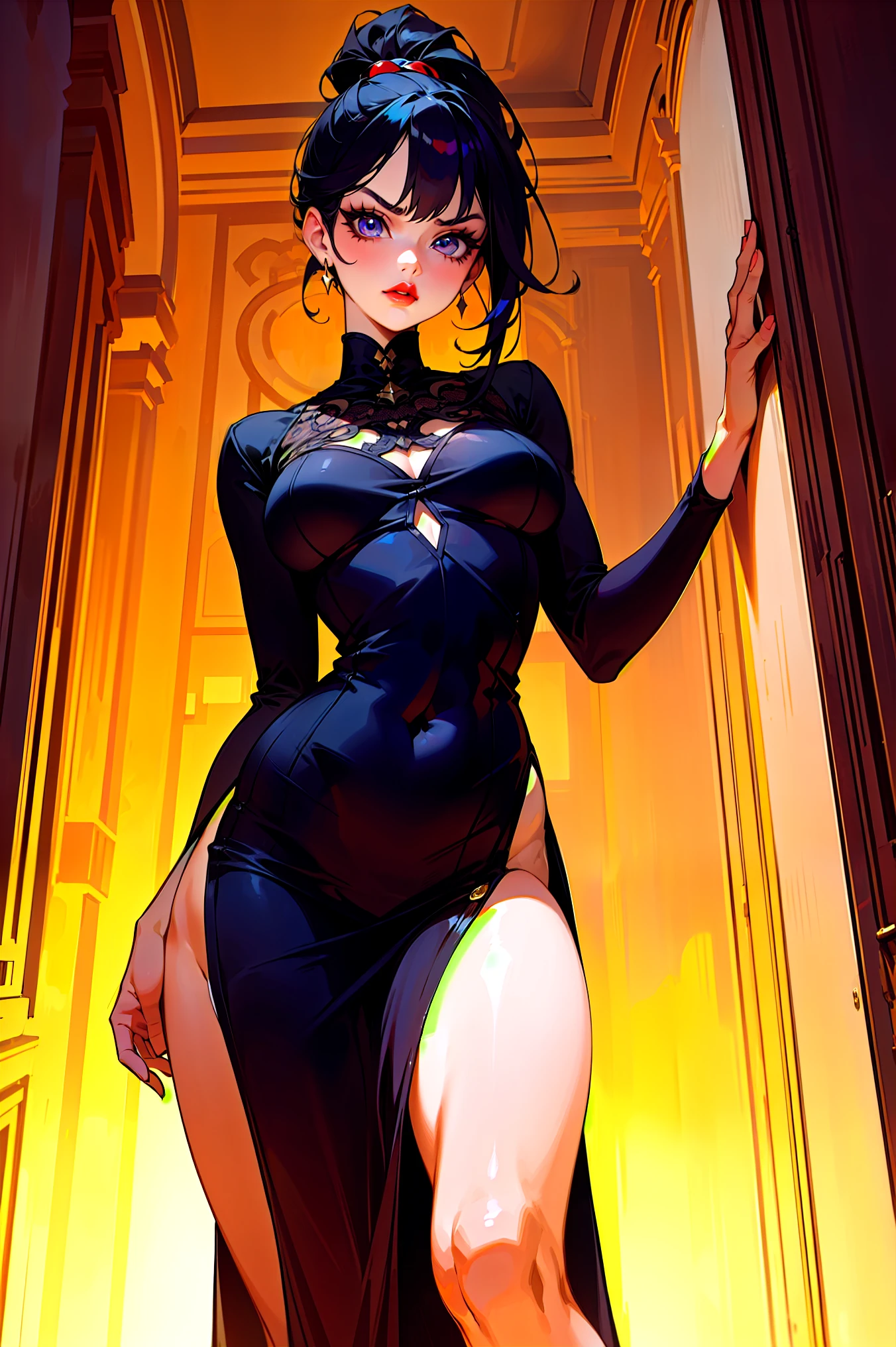 (best quality, masterpiece:1.2), girl standing in a department hallway, latina, black long hair, ponytail, bangs, red lips, glossy lips, big eyelashes, detailed eyes, wide hips, perfect breasts, tight black dress, cotton dress, double slit, high slit dress, light makeup, angry, looking at viewer, take from below,