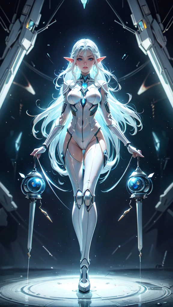 elf woman in translucent ethereal mechanical form，parted lips, futurist，mechanical joints，fundo urbano futurist，modelshoot style, (extremamente detalhado CG unidade 8K papel de parede), Abstract stylized beauty,，translucent body parts, Surrealism, 8K, super detaill, best qualityer, awardwinning, anatomically correcte, 16K, super detail, drops of water, drops, water, detailed face, detailed eyes, detailed hands, full body

