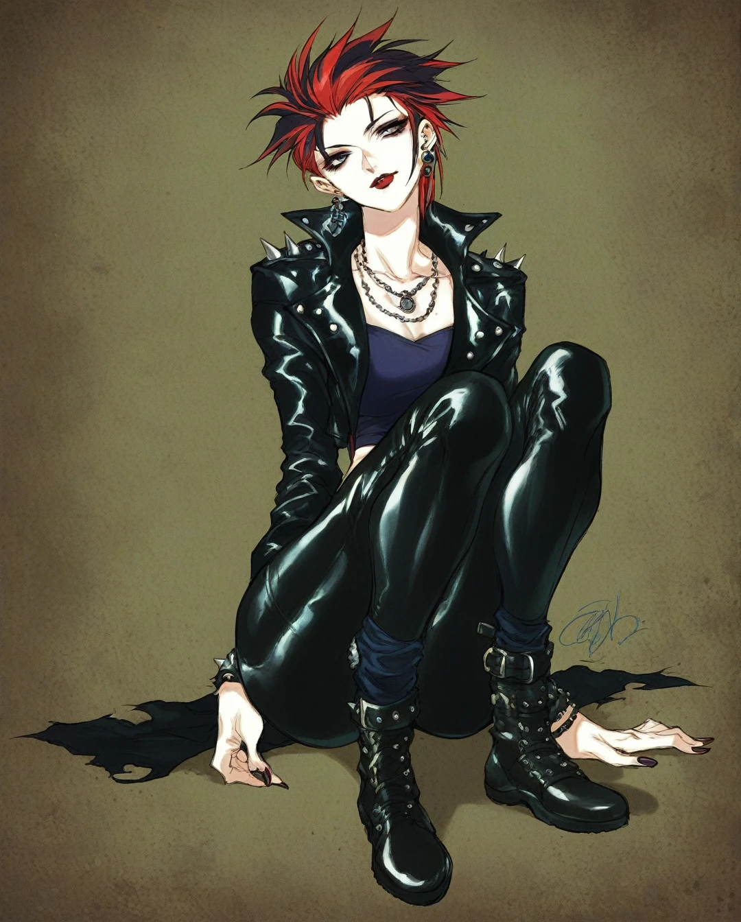 amano yoshitaka, a full-body, high-resolution anime style of a rebellious female punk rocker with 80s-style gothic hair, intense red lips, leather jacket, and tight leather pants, inspired by the works of Yoshiaki Kawajiri, vibrant and edgy, with dramatic lighting and dynamic composition