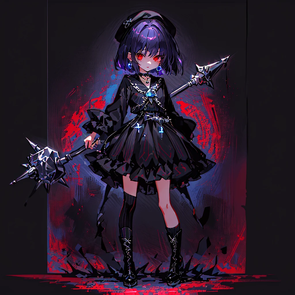 ultra detailed,best quality,game character, cool beauty, 1girl, solo,full body,standing,Low Angle,dynamic pose,character focus,simple background, {{yandere,short bob hair, deep purple hair, red eyes, closed mouth, jewelry, black beret,blue hydrangea corsage, earrings, choker, black Gothic punk Style,bell mini skirt, black and white striped over the knee socks, long black boots, holding a mjolnir hammer in both hands, standing ,100t hammer,huge tough hammer}},Crush the rock into small pieces and scatter the stone pieces,bell skirt
