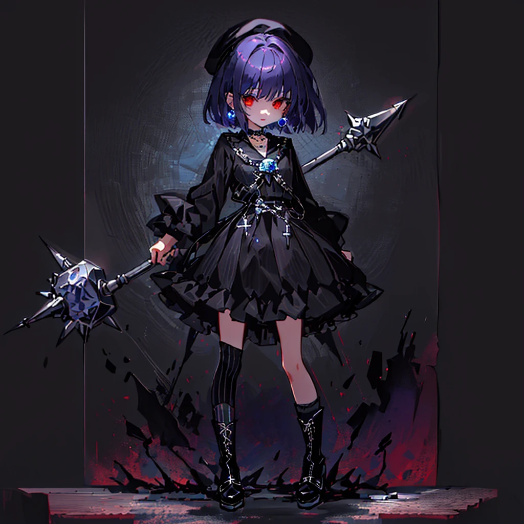 ultra detailed,best quality,game character, cool beauty, 1girl, solo,full body,standing,Low Angle,dynamic pose,character focus,simple background, {{yandere,short bob hair, deep purple hair, red eyes, closed mouth, jewelry, black beret,blue hydrangea corsage, earrings, choker, black Gothic punk Style,bell mini skirt, black and white striped over the knee socks, long black boots, holding a mjolnir hammer in both hands, standing ,100t hammer,huge tough hammer}},Crush the rock into small pieces and scatter the stone pieces,bell skirt
