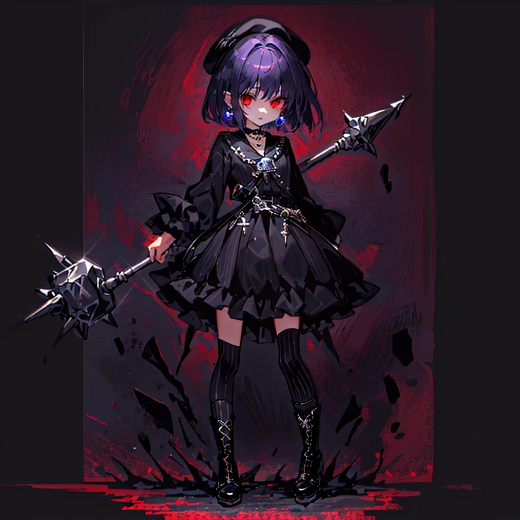 ultra detailed,best quality,game character, cool beauty, 1girl, solo,full body,standing,Low Angle,dynamic pose,character focus,simple background, {{yandere,short bob hair, deep purple hair, red eyes, closed mouth, jewelry, black beret,blue hydrangea corsage, earrings, choker, black Gothic punk Style,bell mini skirt, black and white striped over the knee socks, long black boots, holding a mjolnir hammer in both hands, standing ,100t hammer,huge tough hammer}},Crush the rock into small pieces and scatter the stone pieces,bell skirt
