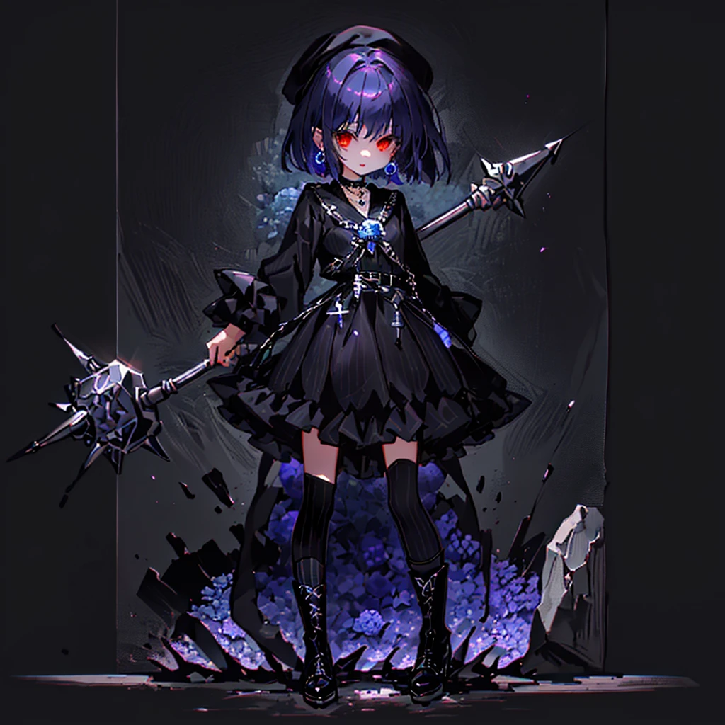 ultra detailed,best quality,game character, cool beauty, 1girl, solo,full body,standing,Low Angle,dynamic pose,character focus,simple background, {{yandere,short bob hair, deep purple hair, red eyes, closed mouth, jewelry, black beret,blue hydrangea corsage, earrings, choker, black Gothic punk Style,bell mini skirt, black and white striped over the knee socks, long black boots, holding a mjolnir hammer in both hands, standing ,100t hammer,huge tough hammer}},Crush the rock into small pieces and scatter the stone pieces,bell skirt
