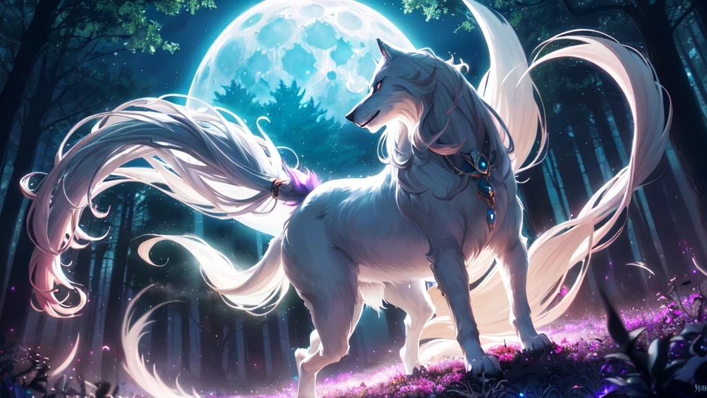 1 Big Wolf, mythical creature, nine tails, (glowing eyes:0.9), red fur, elegant posture, (spiritual aura:1.2), flowing mane, (floating in the air:1.3), mysterious, (wisdom:1.1), seductive, (enchanted forest background:1.4), moonlit night, magical, ancient, (ethereal glow:1.2), (translucent tails:1.1), mythical powers, (misty atmosphere:0.8), divine, (celestial beings:1.3), (fierce protector:1.2), alluring, (fading into shadows:0.9).