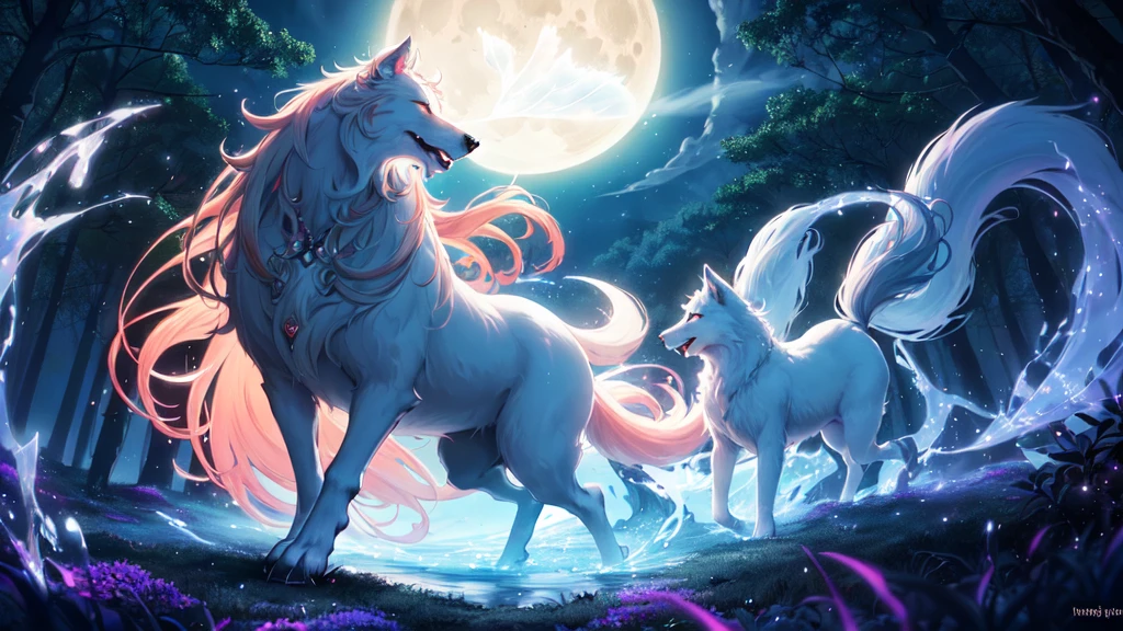 1 Big Wolf, mythical creature, nine tails, (glowing eyes:0.9), red fur, elegant posture, (spiritual aura:1.2), flowing mane, (floating in the air:1.3), mysterious, (wisdom:1.1), seductive, (enchanted forest background:1.4), moonlit night, magical, ancient, (ethereal glow:1.2), (translucent tails:1.1), mythical powers, (misty atmosphere:0.8), divine, (celestial beings:1.3), (fierce protector:1.2), alluring, (fading into shadows:0.9).
