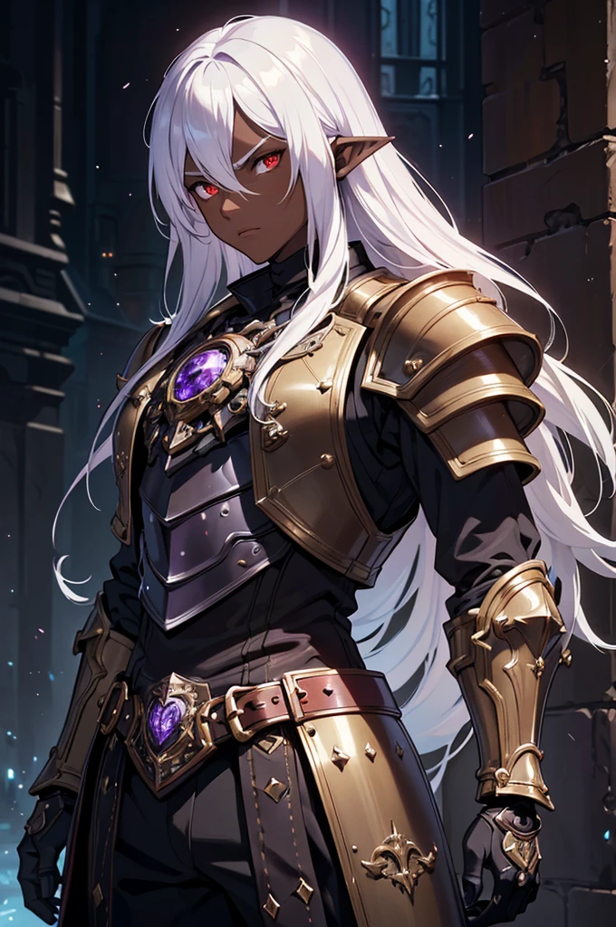 masterpiece, best quality, ultra high res, dark theme, 1boy, (dungeonpunk armor), (mechanical steampunk armor), (wearing armor), fantasy illustration, dark skinned, human, upper body, portrait, red eyes, long white hair, half-drow, pointy ears, serious face, young man, dramatic lighting, purple hue, art by Kinema Citrus