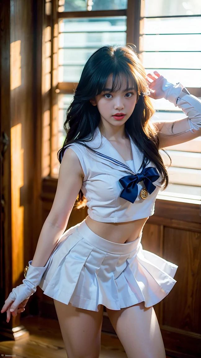 (CG Unity 8K wallpaper with extreme detail, masterpiece, highest quality), (exquisite lighting and shadow, highly dramatic picture, cinematic lens effect), (Sailor Moon: 1.1), double tail, blue eyes, white gloves, mini skirt, dynamic pose), (excellent detail, excellent lighting, wide angle), (excellent rendering and excellent rendering),