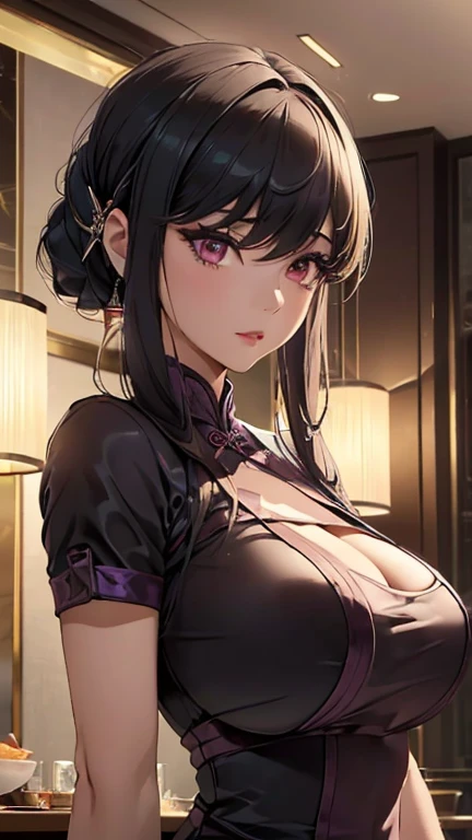 (((Full and soft breasts,)))(((Huge breasts))) (((Cleavage)))Girl 1,(Eyeshadow,eyelash,Shiny lipstick),(Purple cheongsam),(Standing in a luxury hotel),Very detailed ,8k wallpaper,Highest quality, high resolution, Beautiful Lights, Realistic shadows, high resolution،(Very detailed, Detailed face and eyes, Realistic eyes),(Upper Body,Looking at the audience,Cowboy shooting)