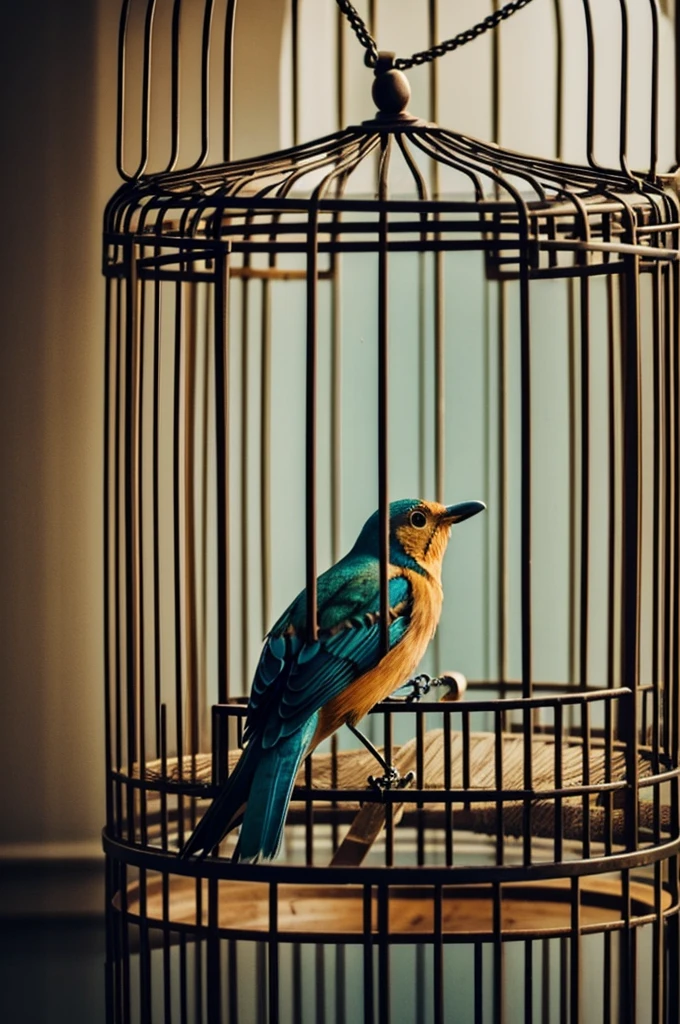 An open cage with a bird inside that does not dare to fly, showing that freedom is there, but fear holds him back.