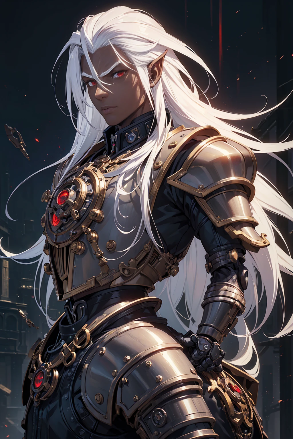 ((best quality)), ((masterpiece)), (detailed), ((boy)), ((mechanical armor)), (steampunk), (serious), dark skinned, human, upper body, portrait, red eyes, long white hair, Xemnas from Kingdom Hearts, half-drow, pointy ears, serious face, similar image